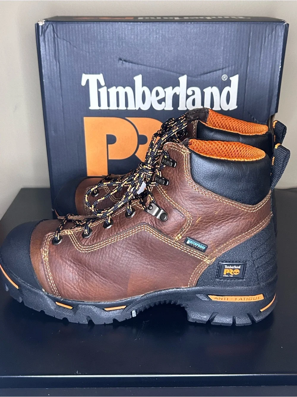 Timberland PRO Men's Brown and Black Leather Work Boots with Orange Accents